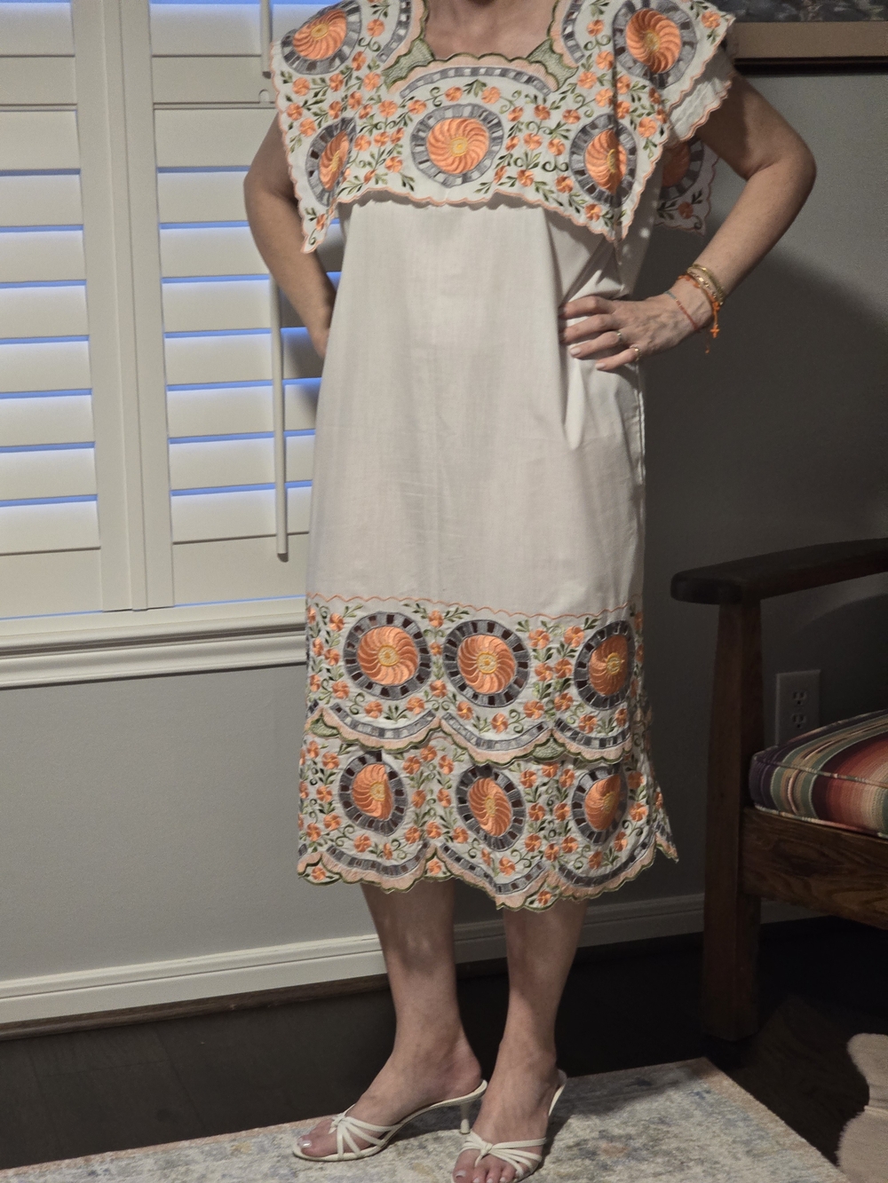 Vintage White Midi Dress with Orange and Green Embroidery